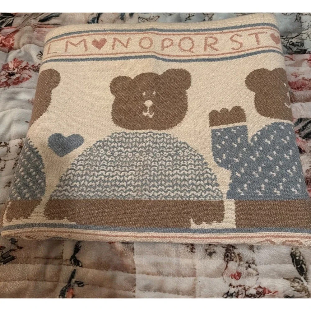 VTG 80s Pat Meyers Bear Alphabet Double Woven 100%Cotton Warm Baby Blanket 48x60
